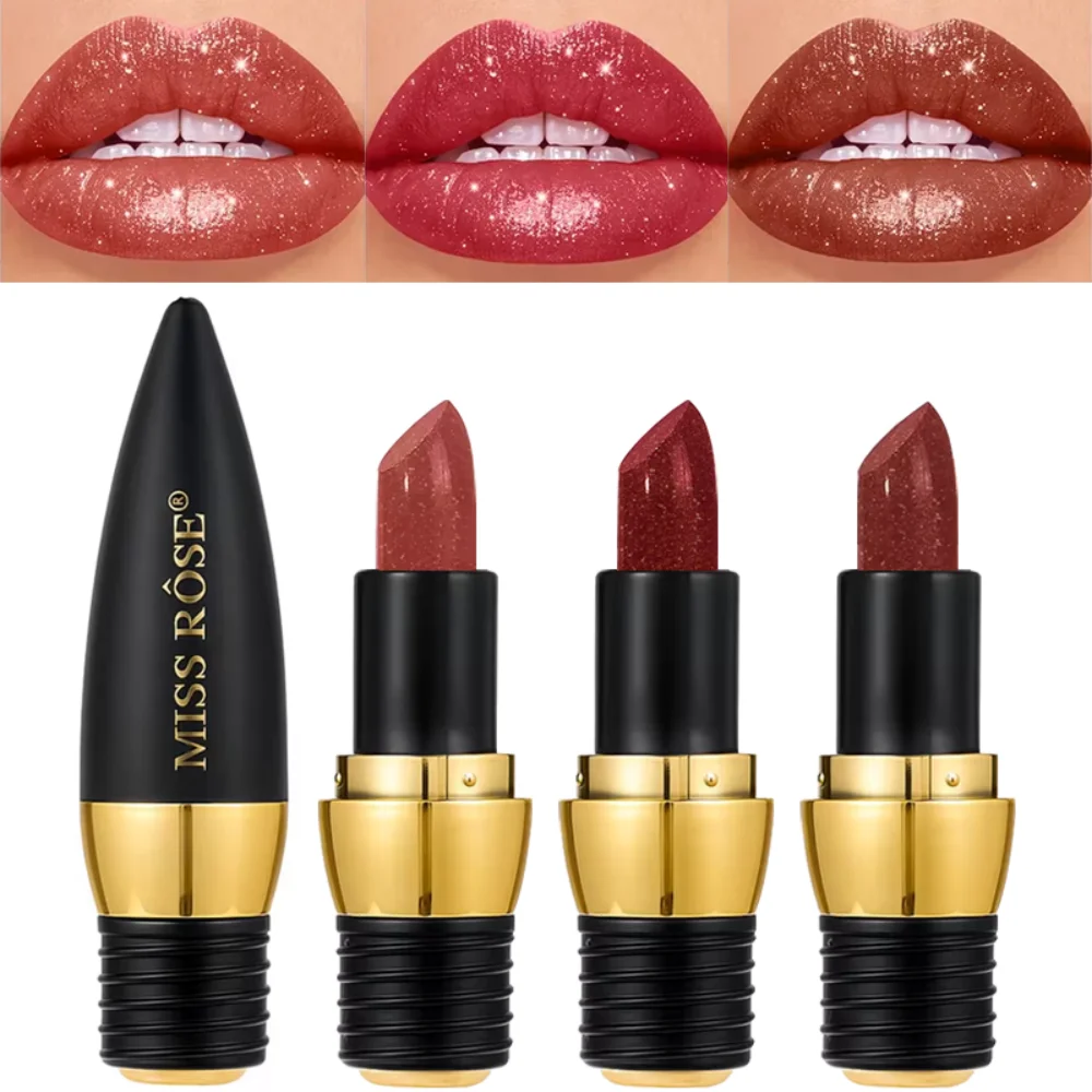 Lápiz labial de terciopelo brillante negro de 3 colores, lápiz labial de diamante mate de larga duración resistente al agua de Metal, cosméticos para mujer