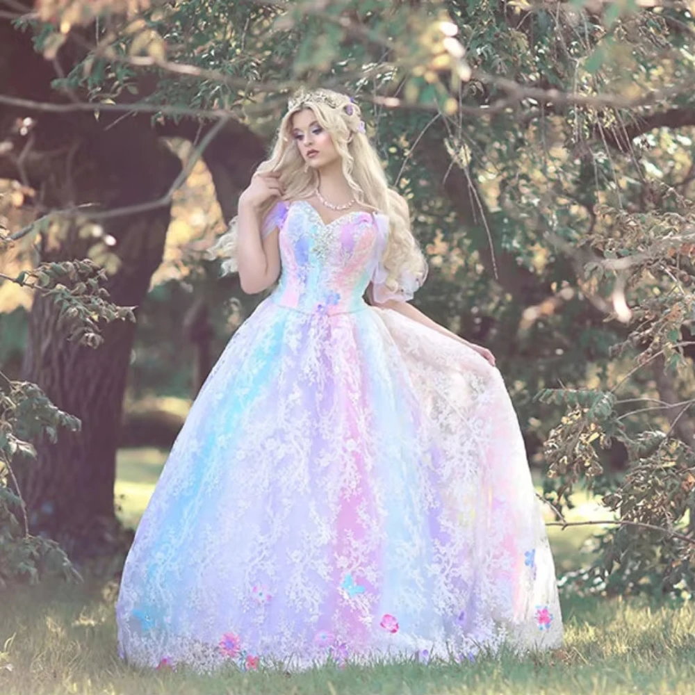 Fashion Colorful Party Dress Upscale Costume Pastel Sparkles Ball Gowns Lace Appliques Magical Fairy Unicorn Princess Prom Dress