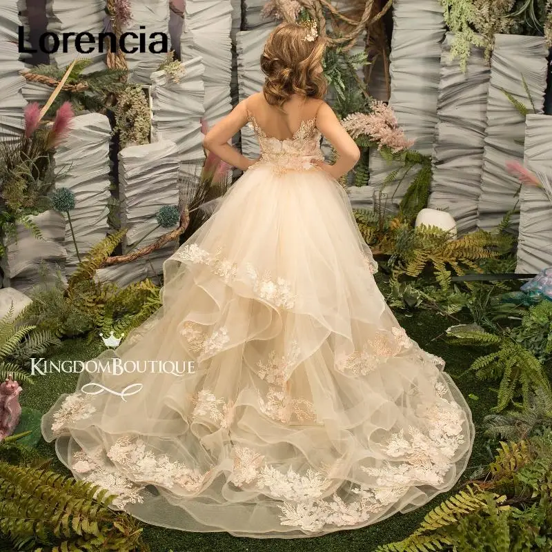 Lorencia Champagne Puffy Flower Girl Dress For Wedding 3D Flowers Applique Detachable Train Pageant First Communion Gown YFD69