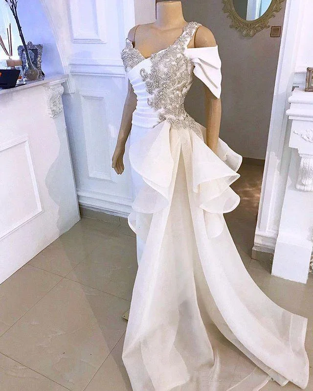 White Wedding Jumpsuit with Crystal Detachable Side Peplum Tail 2020 Off shoulder Mermaid Bridal Gowns