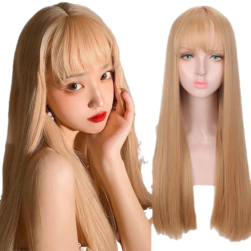 Women's with bangs, long straight hair, pink synthetic fiber, sweet style wig - view 3