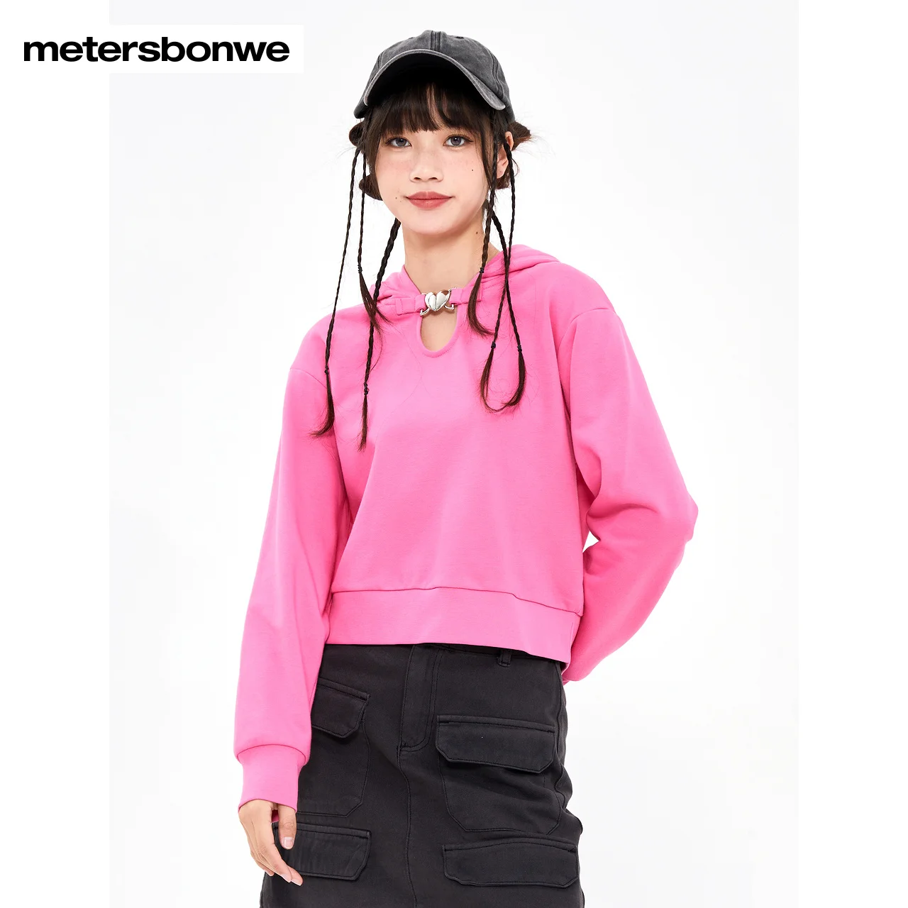 Metersbonwe-Women's Short Knit Hooded Sweatshirt Long Sleeve Top Solid Color Pullover Sweet Cool  Spring Autumn