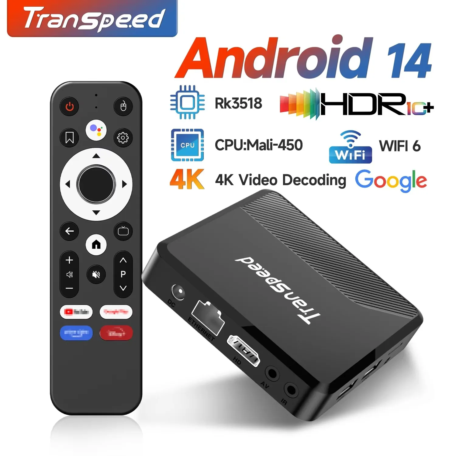 

Transpeed Android 14 4K HDR10+ TV Box RK3518 Dual Wifi6 BT5.0 Set Top Box Set Top Box Media Player with Google Voice Assistant