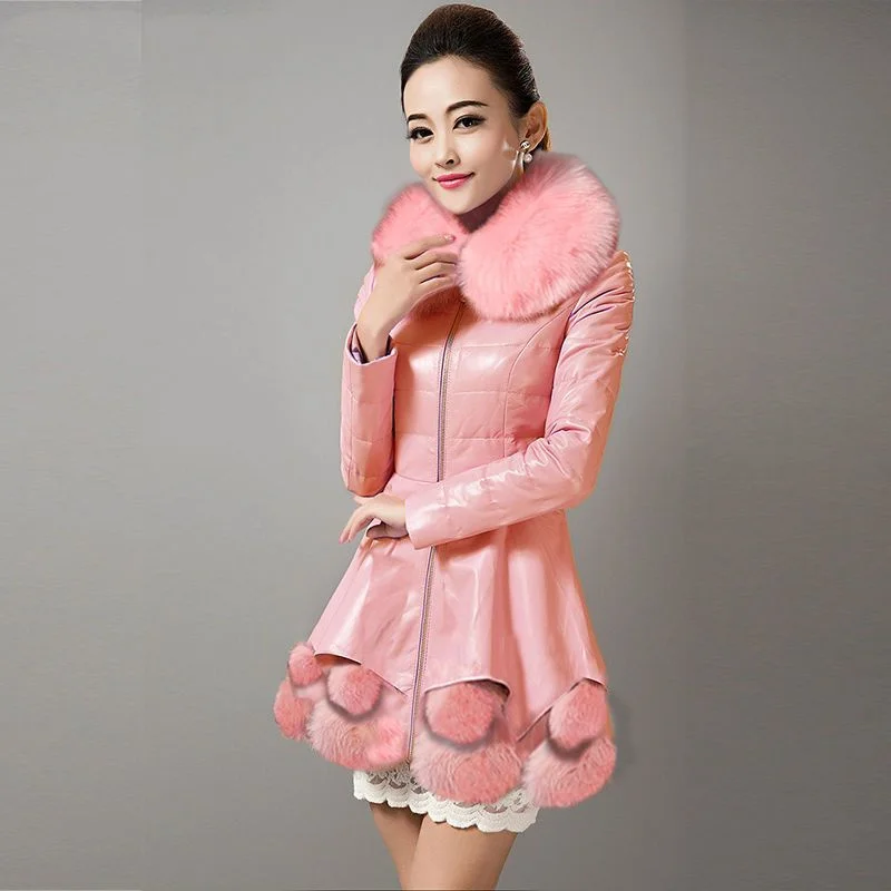 Haining Fur Women Winter PU Leather Cotton Jacket New Mid length Imitation Fox Hair Hooded Coat Female Slim cardigan Windbreaker