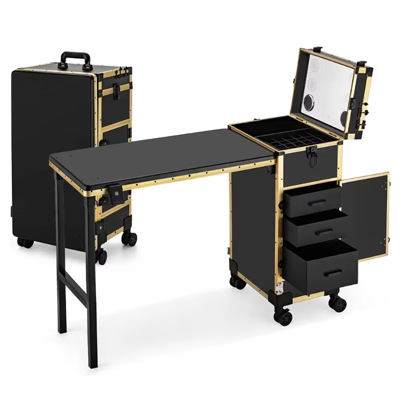 Makeup Train Case with with LED Mirror 3 Drawers TSA Lock Wheels Large Foldable Cosmetics Storage Organizer for Nail Salon