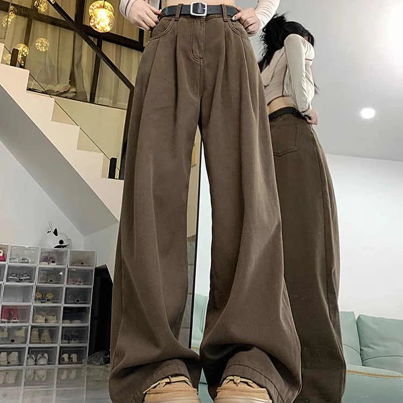 

S-3xl Brown Coffee Wide Leg Denim Pants For Women Spring Summer Oversized High Waist Straight Jeans Solid Color Versatile Pant