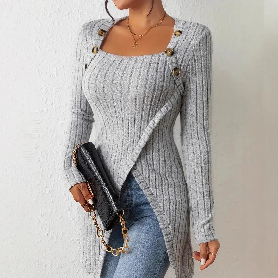 

Women's autumn slim base design sense niche square collar with knitted top
