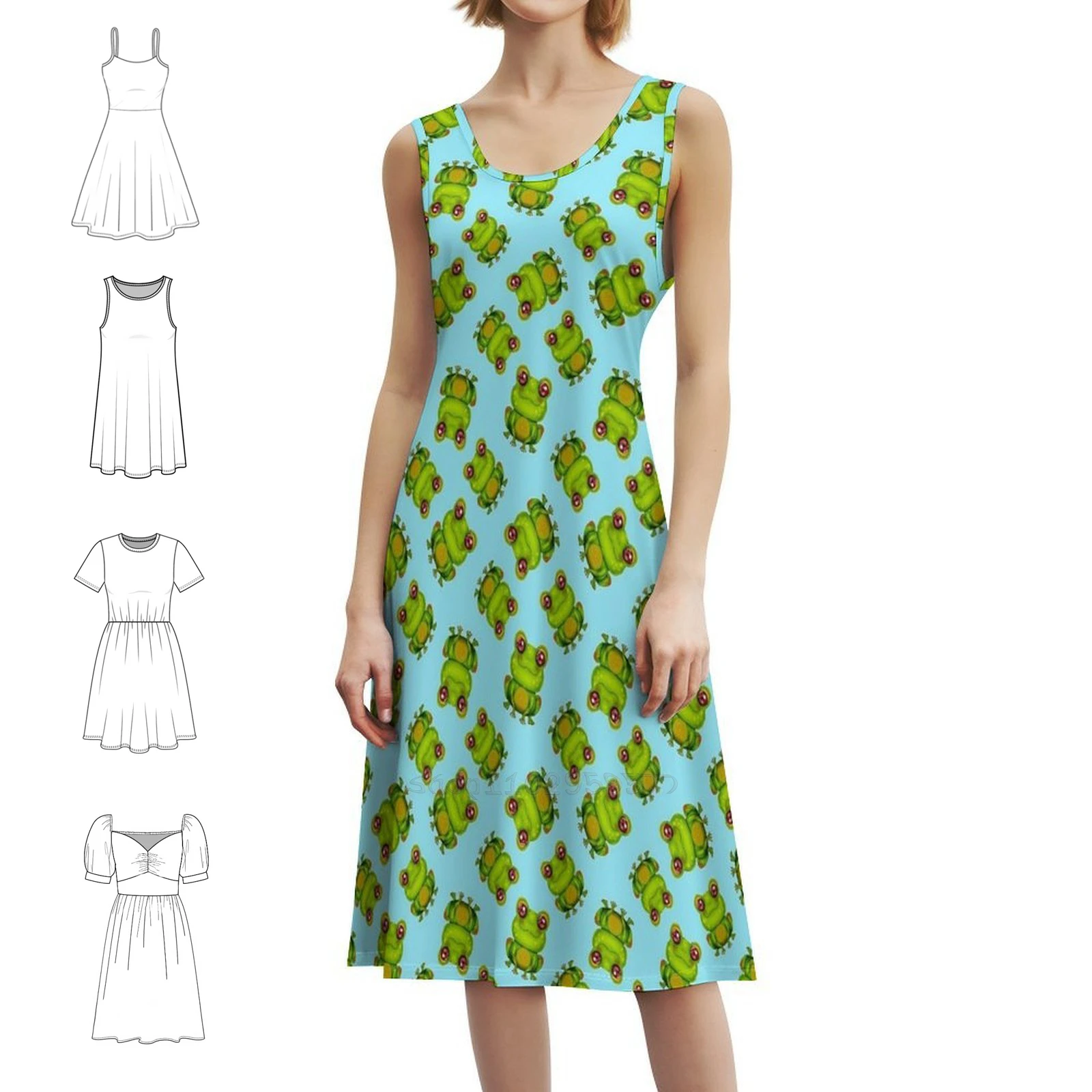 “Cute Frog” Pattern Sweetheart Neckline Dress Elegant Summer Party Dress For Women Sweet Frog Sweet Frog Frog Pattern Woman