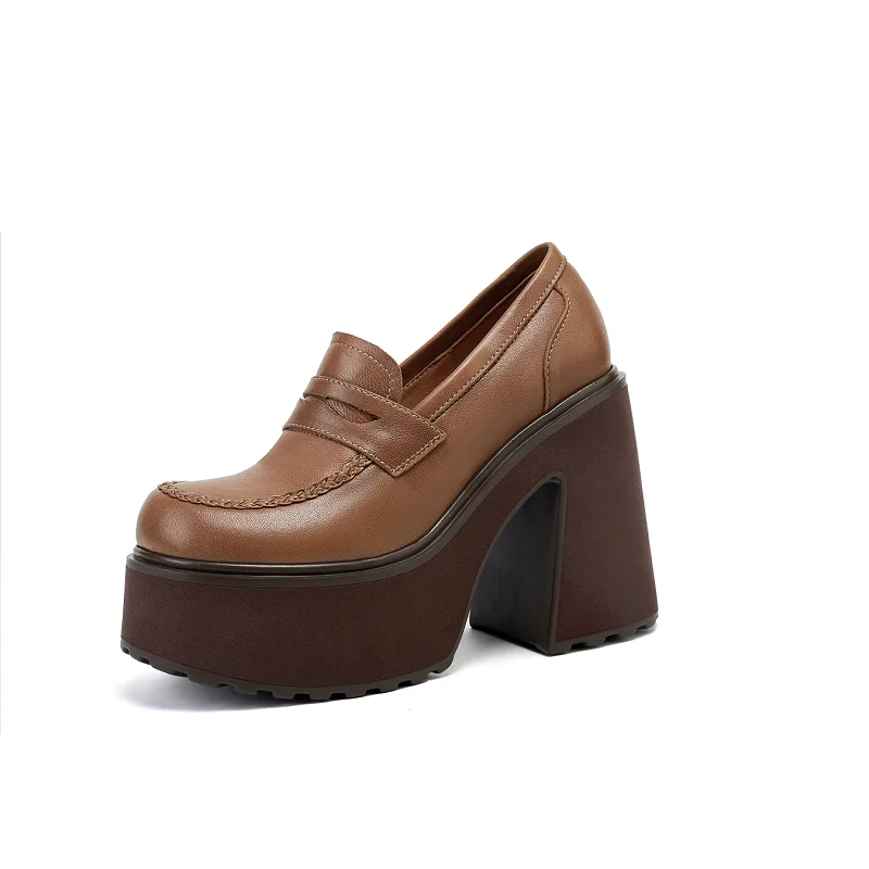 

Women Single Shoes Square Heel Genuine Leather Platform Shoes Slip On Designer Retro Black Loafers Spring Atumn Handmade Pumps
