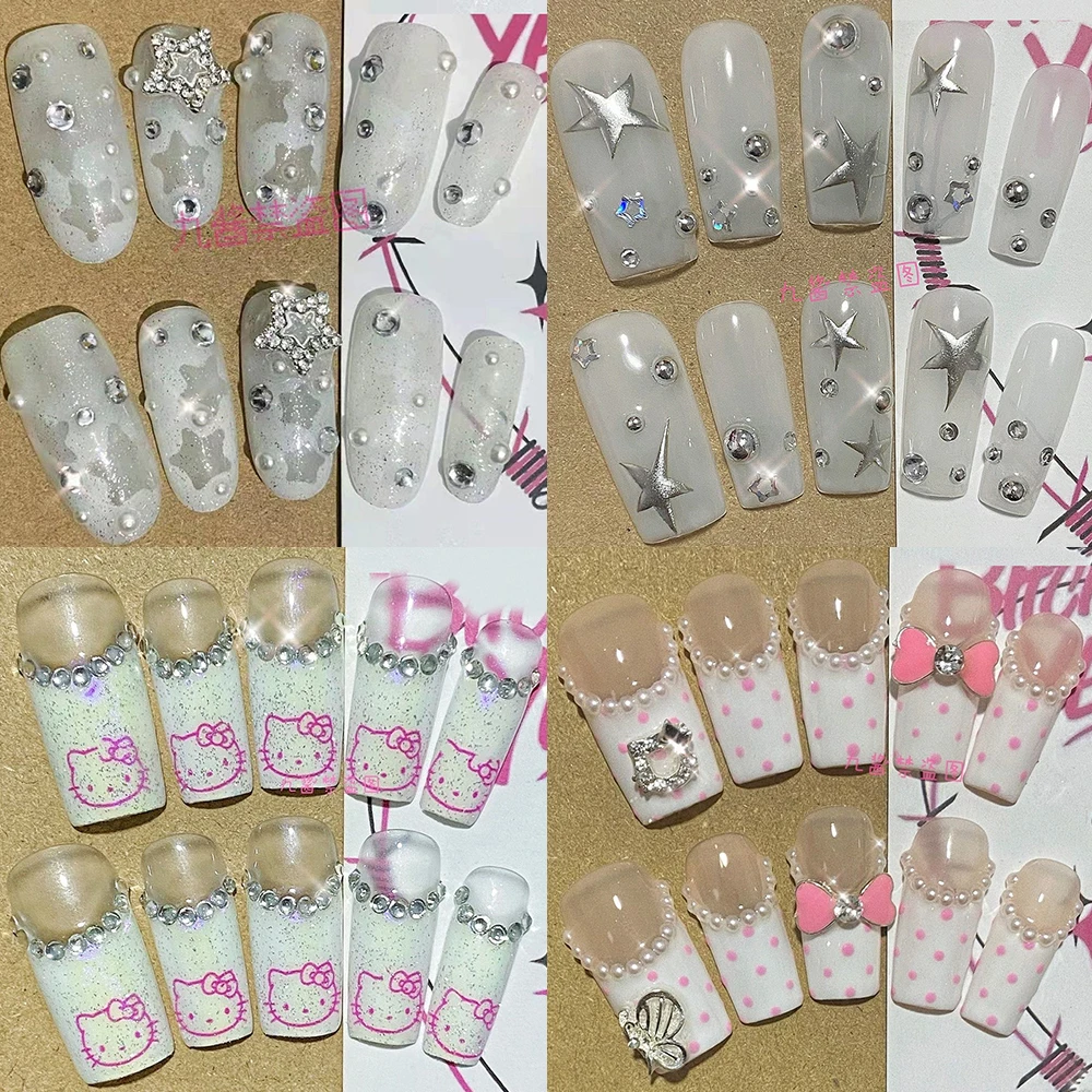 

Sanrio Kawaii Y2K Cartoon White Long Square Handmade Fake Nails Hello Kitty Five-Pointed Star Handmade Press On Nails Party Gift