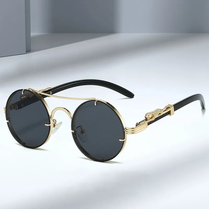 

2025 Fashion Luxury Design Round Sunglasses Double Bridge Cheetah Decoration Gradient Shades UV Protection Eyewear Unisex