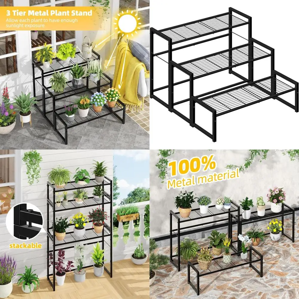 

3 Tier Metal Plant Stand Outdoor Indoor Waterproo, Stackable Heavy Duty Tall Plant Shel lower Pot Holder or Garden, Display Rack