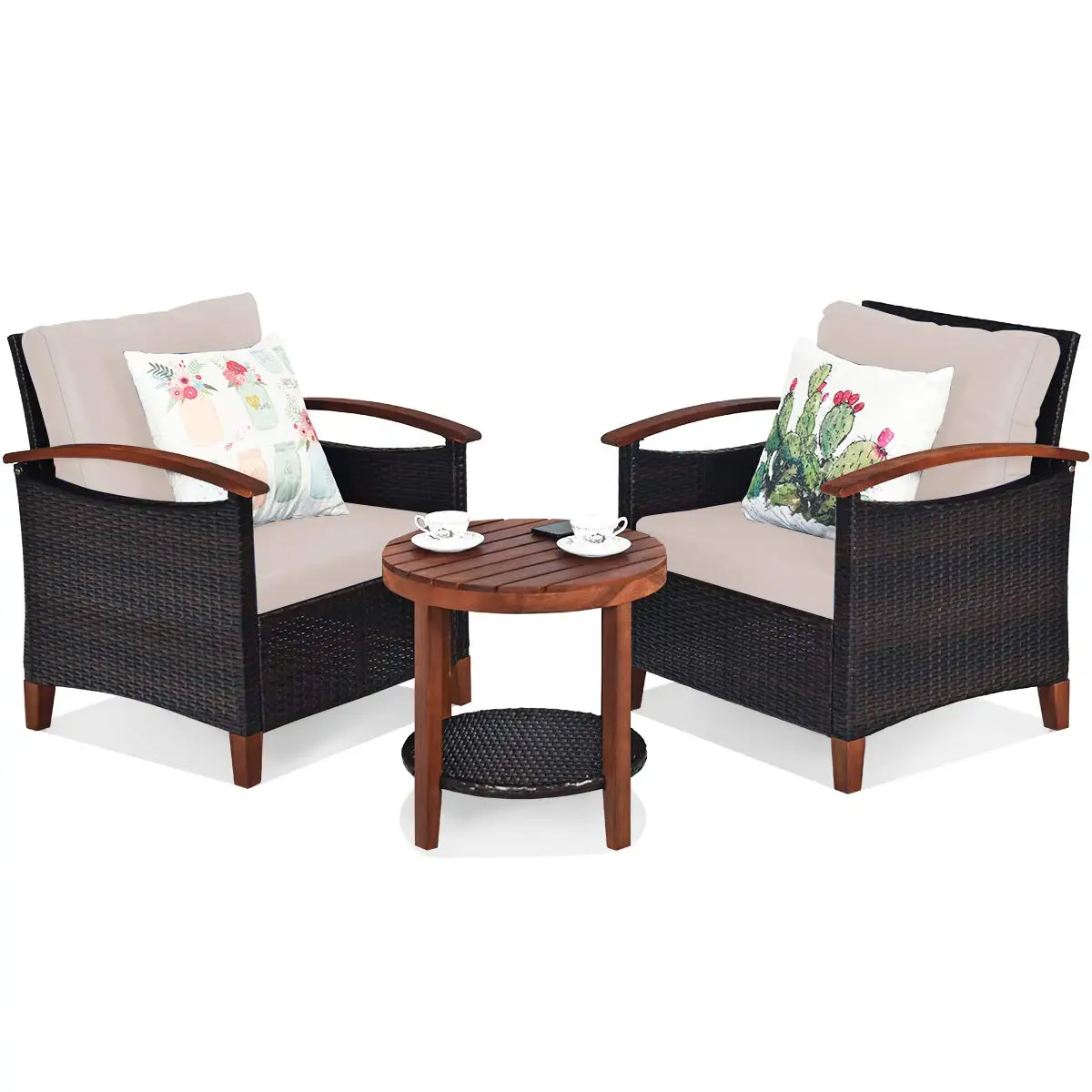 Rattan Patio Sofa & Table Set w/Wood Frame, High Load Bearing Outdoor Conversation Set w/Washable Removable Cushions, Customized