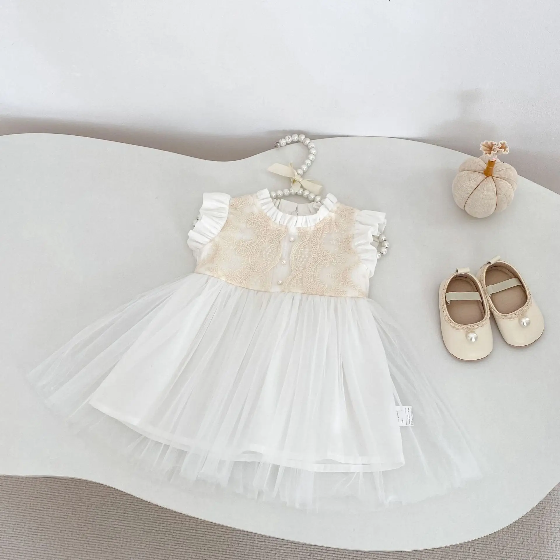 

Летнее платье из чистого хлопка с рукавами-крылышками для девочек, нарядное платье из фатина для празднования первого месяца и первого дня рождения