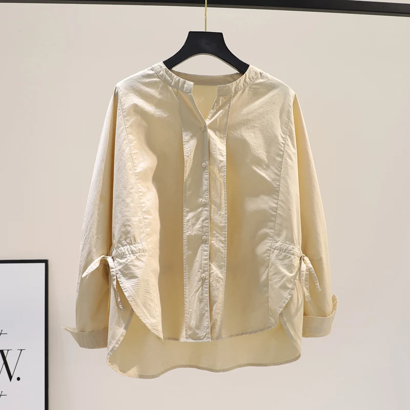 

Pure Cotton Shirt Women's Spring Autumn Loose V-neck Long Sleeve Waist-cinching Belted Korean Style Dongdaemun Tailored Goods