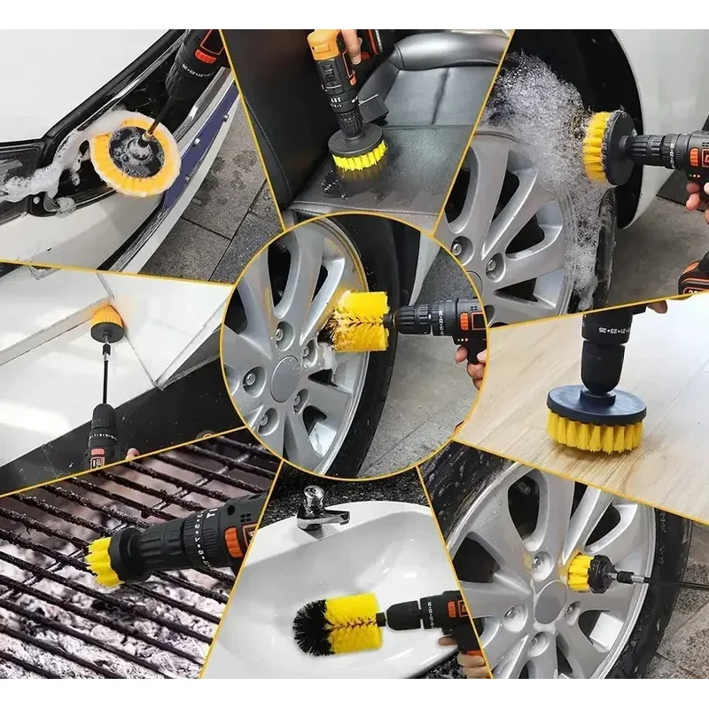 7-Piece Drill Brush Attachment Set, Cleaning Brush Tool Kit, Multi-Purpose Drill Brush with Extension Pole for Floor, Automotive