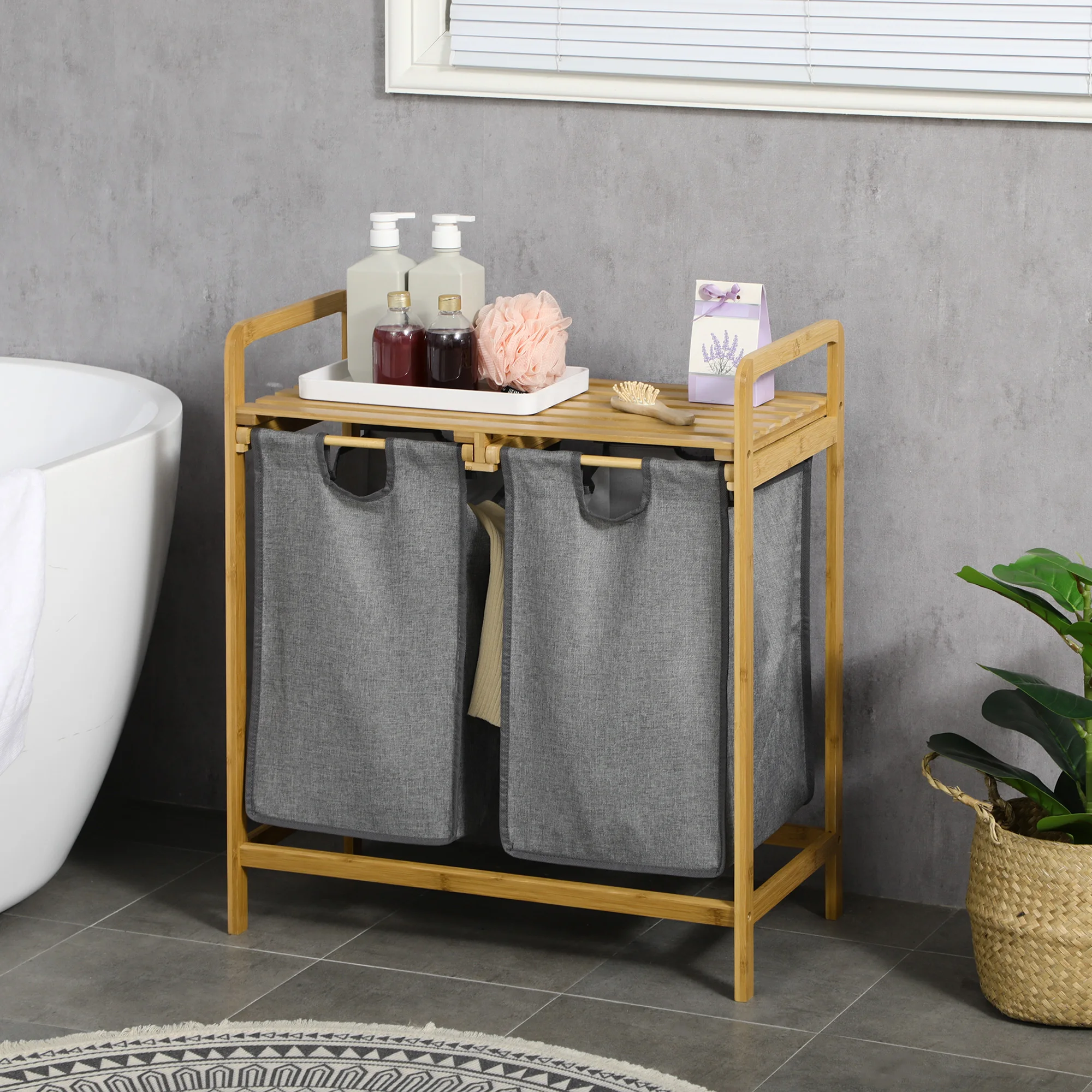 HOMCOM bamboo dirty laundry basket with 2 bags removable 63,5x33x73cm Natural