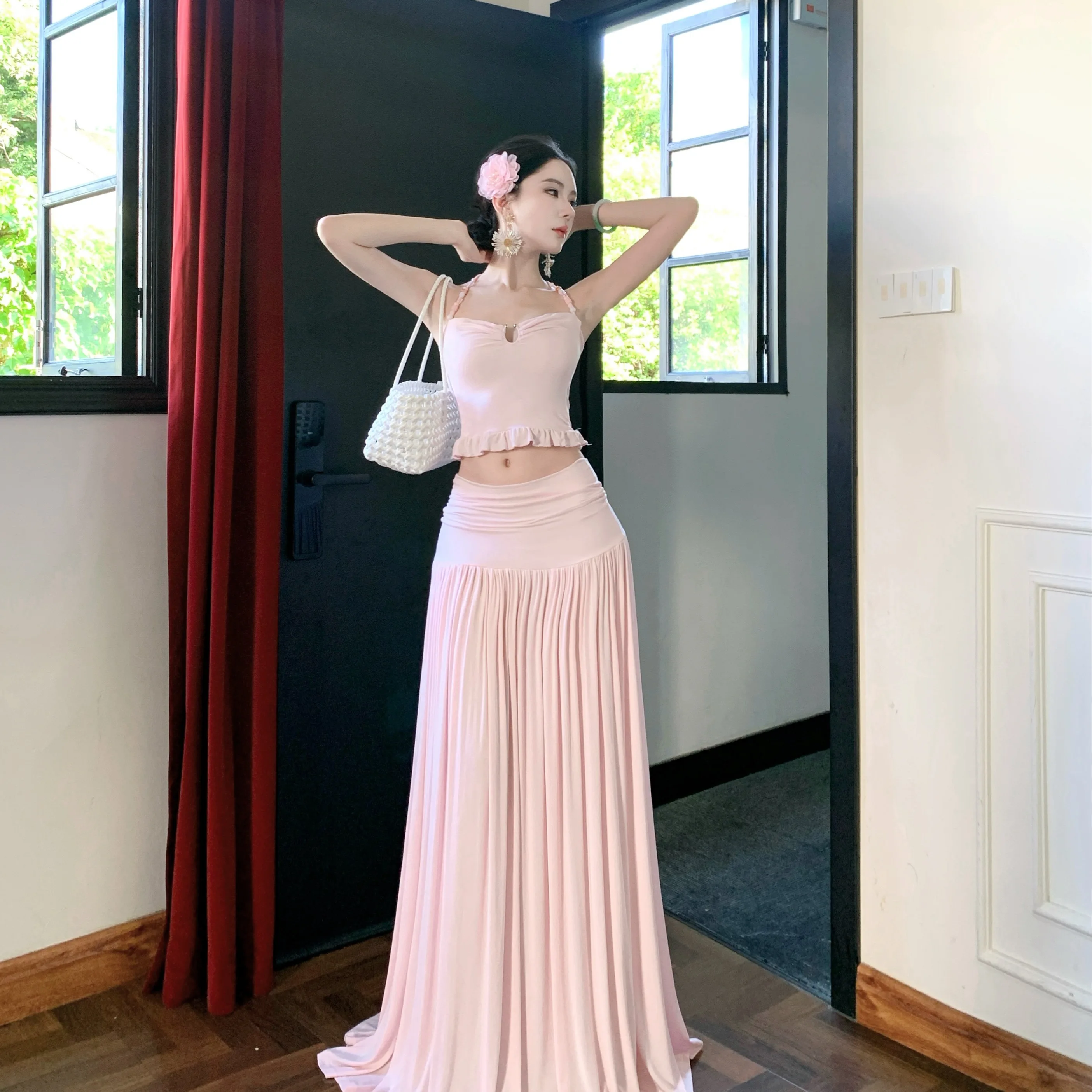 

Thai Sexy Beach Vaion Long Skirt Set Women's Pink Oversized Strapl Top And Skirt Ensemble Faionable Casual Outfit