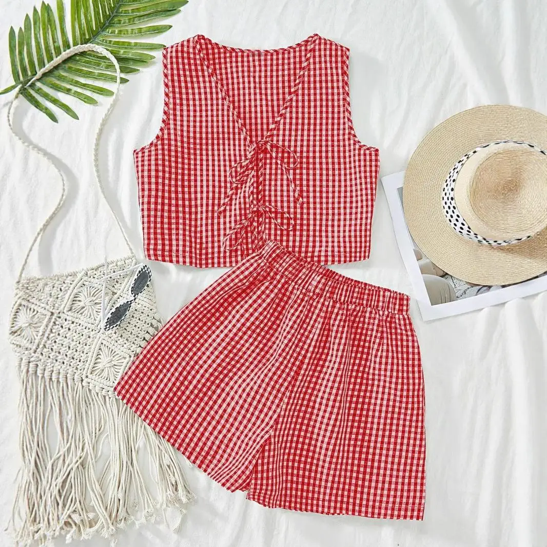 

Women's Plaid Lace up Vest orts Set Cute Sle Summer Outfit for Dates Casual Faion Tee-Piece Set No Brand Registered