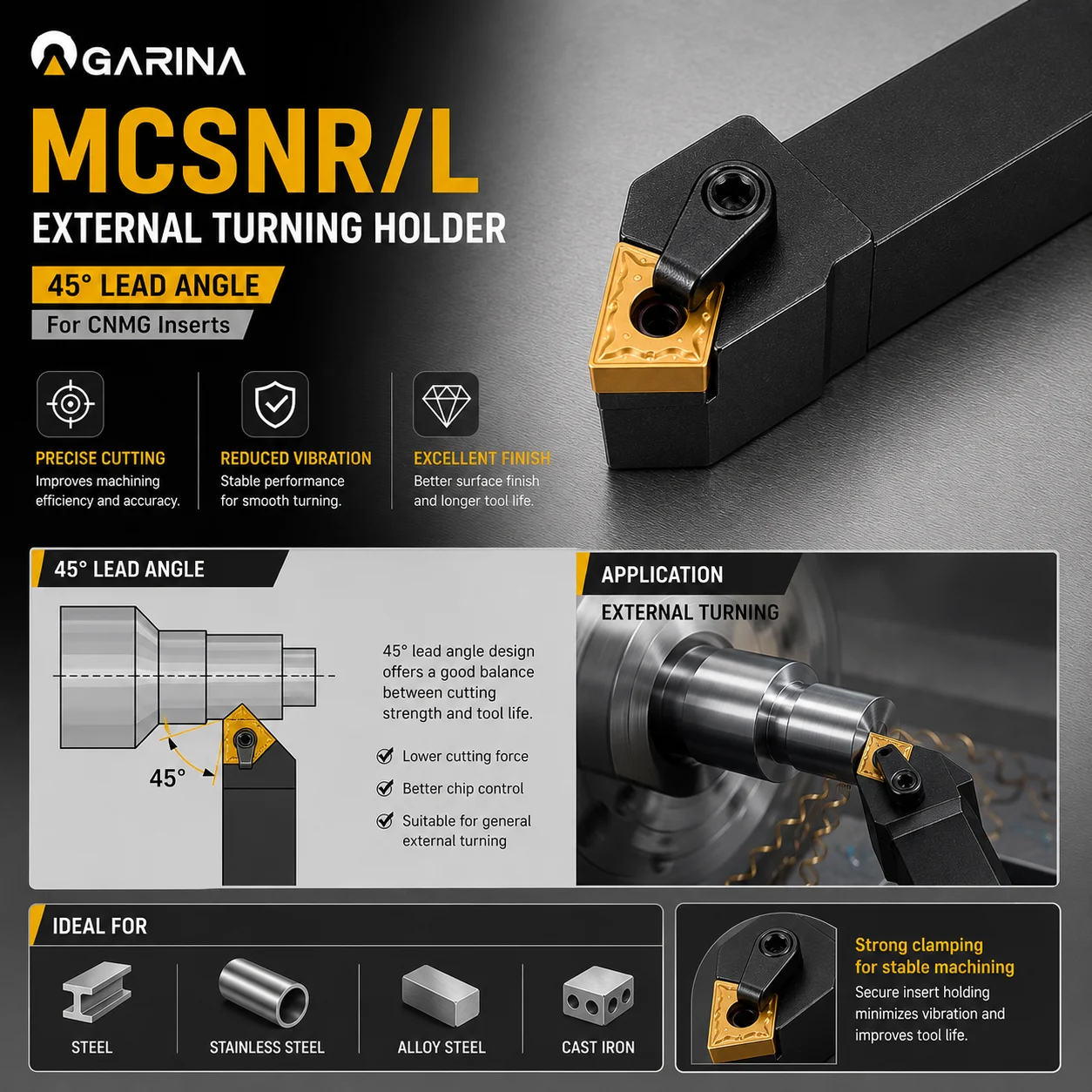 GARINA MCSNR/L External Turning Tool Holder 45 Degree CNC Lathe Tool Holder For CNMG Insert MCSNR2020K12 MCSNL2020K12