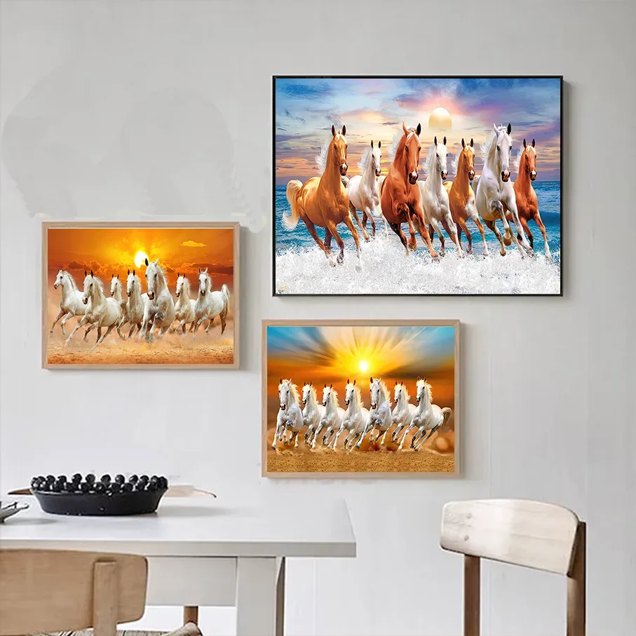 Frameless Canvas Painting Eight Running Horses Wall Art Oil Style, Horse Picture Living Room Bedroom Home Decor