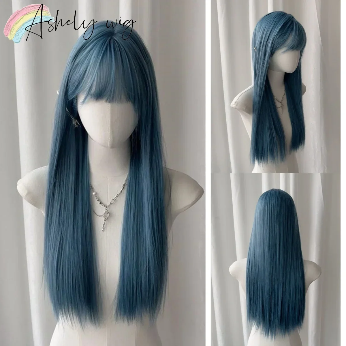 

Grey Blue Wig with Bangs Long Straight Wigs for Women Synthetic Wigs 24inch Cosplay Lolita Heat Resistant Fibers Headband Wigs