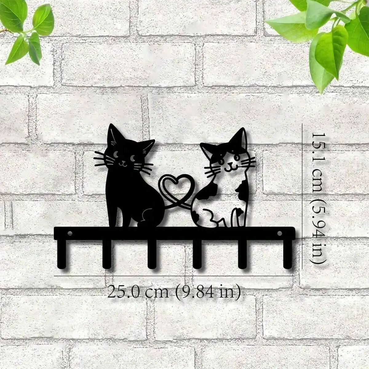 Brand Double Cat Key Holder Wall Mount 25cm Black Metal Heart Design Entryway Storage Rack Iron Decor