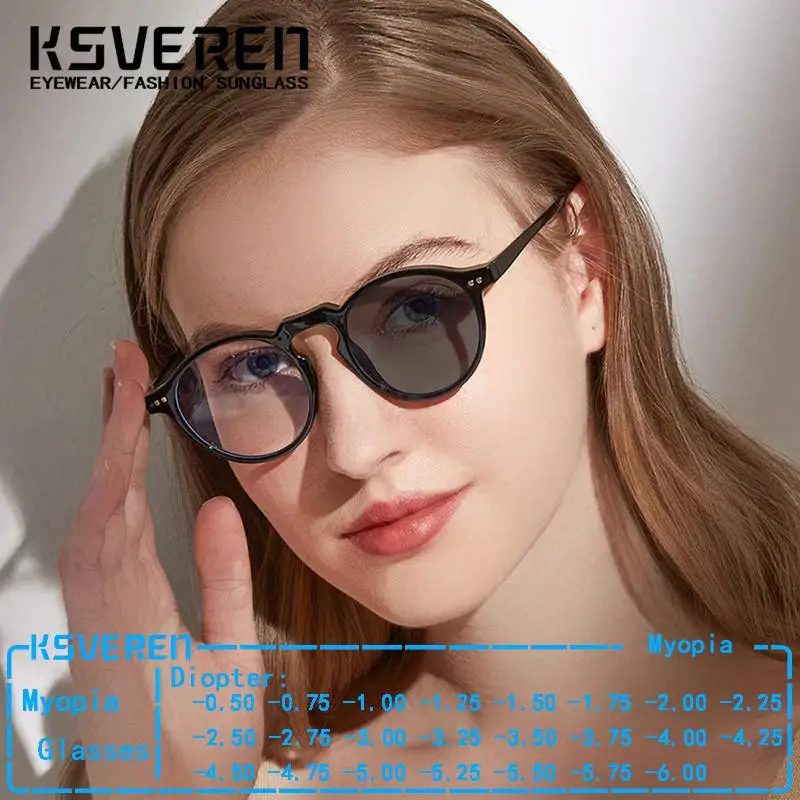 

KSVEREN Retro Round Photochromic Myopia Glasses Men Women Small Frame Fashion Prescription Eyewear -0.5 -0.75 -1.25 -3.75 -4.5