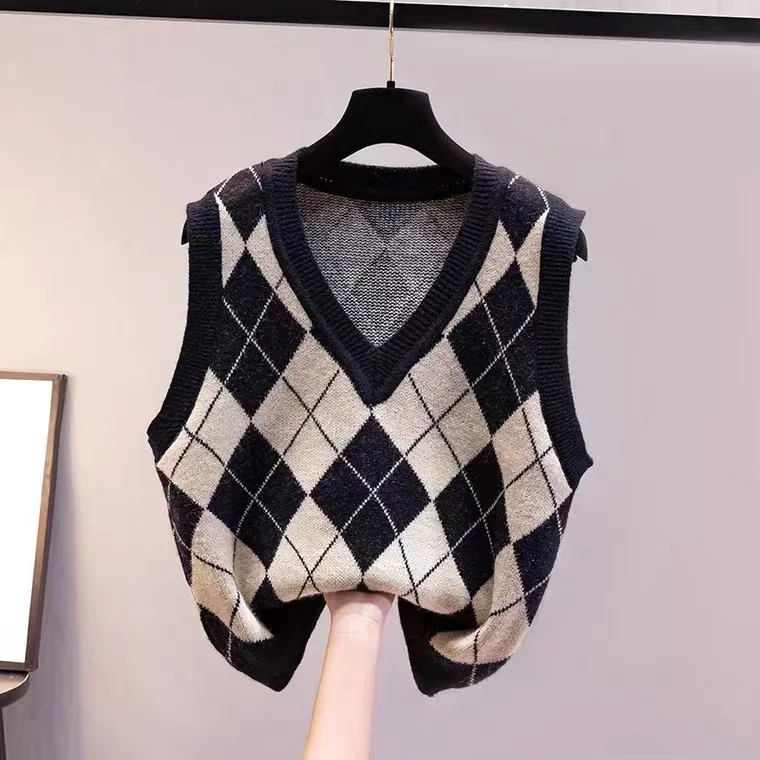 

Женский клетчатый жилет-свитер с V-образным вырезом, стандартной длины, для повседневной носки, осенний сезон, модный женский жилет