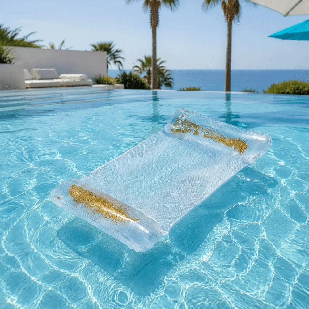 Foldable Inflatable Water Hammock Durable PVC Inflatable Design Pool Float Stripe Pattern Transparent Glitter Pool Hammock Beach