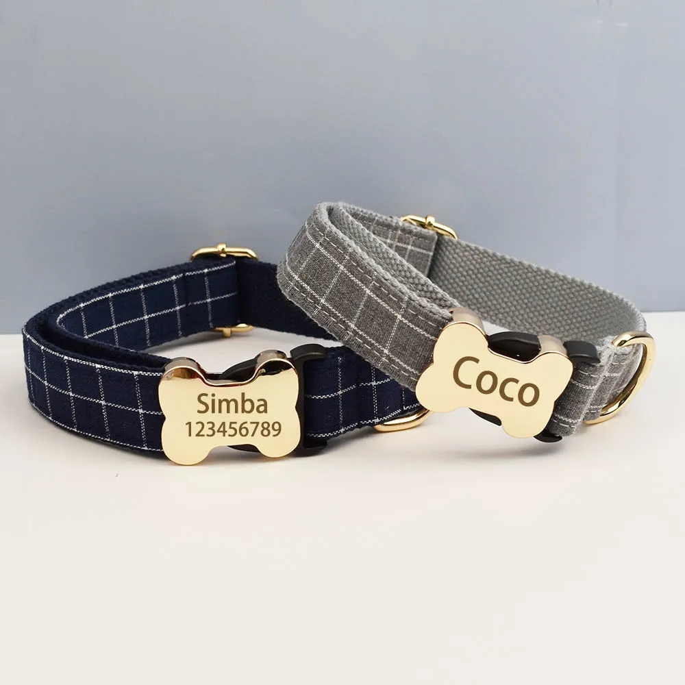 Individuelles Design-Logo, kariertes Hundehalsband, hochwertiges Baumwoll-Haustierzubehör, personalisierbar. Führen Sie Ihren Hund im Stil auf – Detail 5