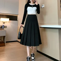 Autumn and Winter Solid Color Korean Fashion Pleated Skirts Women's High Waist Mid Length A-line Skirt Preppy Style