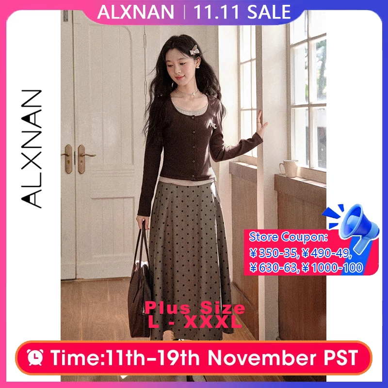 

ALXNAN большие размеры, серая юбка в горошек, женские длинные элегантные юбки трапециевидной формы, свободная посадка с высокой талией, повседневная женская одежда для вечеринок, D12872