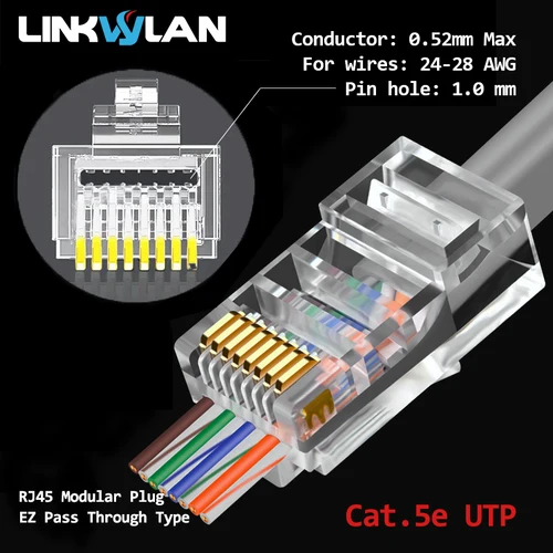 Imagen 2 del producto Linkwylan Cat7 Cat6 Cat5e UTP STP paso a través de enchufe red conector Modular RJ45 agujeros de 1,1/1,3/1,5mm para Cables trenzados sólidos