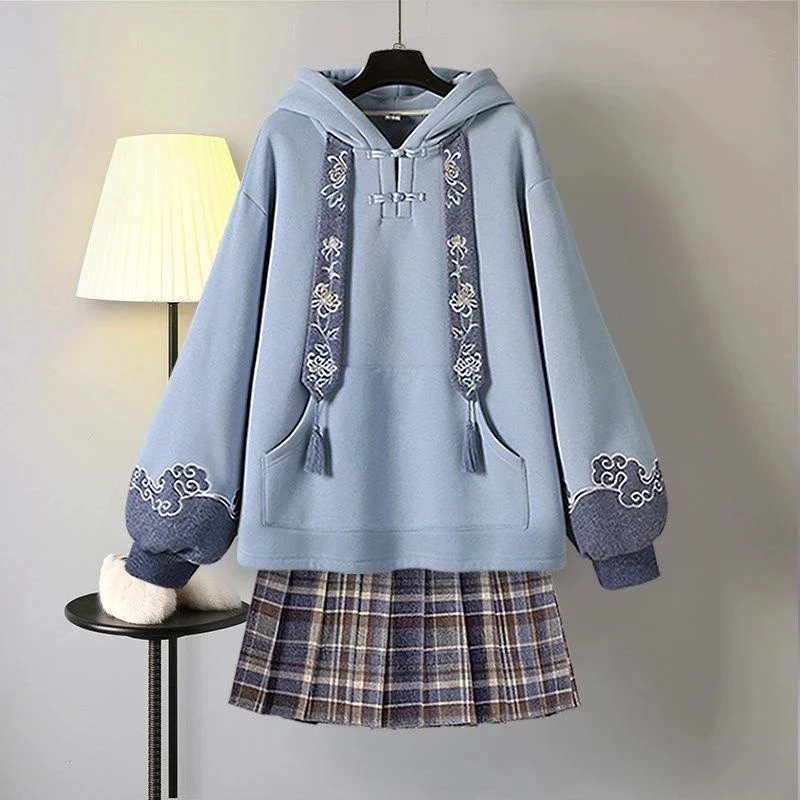 Chinese Style Thicken Suit Female Hanfu Hooded Sweatshirt Lattice Skirt Two-piece JK Uniform Autumn And Winter New Short Skirt