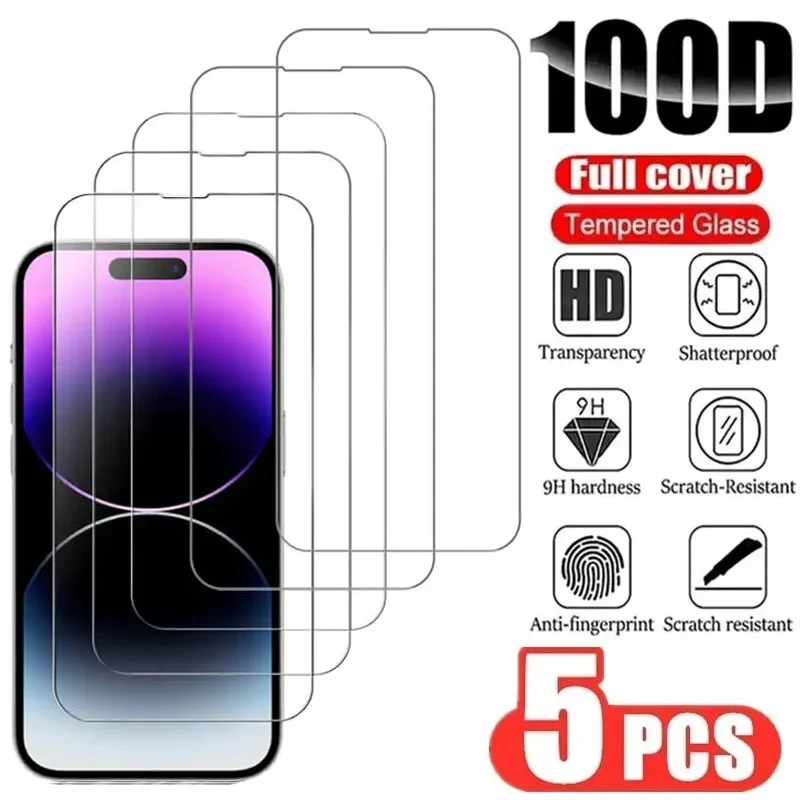 5pcs Tempered Glass For iPhone 15 Pro Max Screen Protector For iphone 14 13 12 11 6 6S 7 8 Plus XR X XS Max Protective Glass