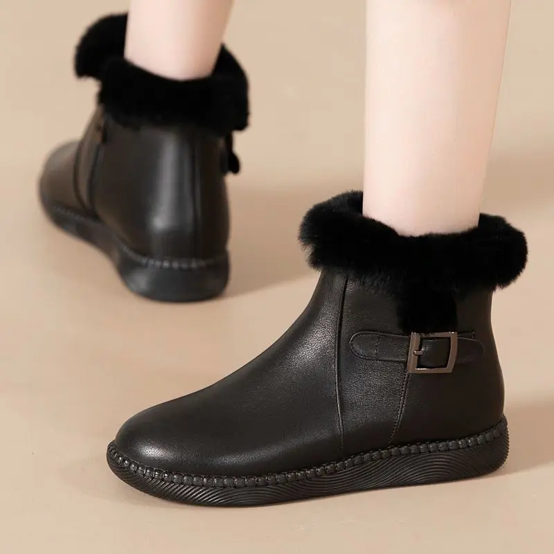 Leather Flat Waterproof Round Toe Women's Snow Boots Trend 2025 Booties Sale Furry Work Comfortable and Elegant Hot Ladies Shoes