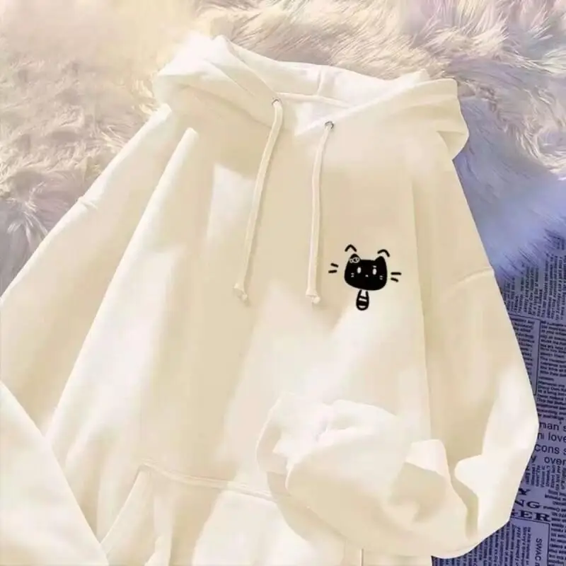 

Толстовка Sanrio Hello Kitty с флисовой подкладкой, осенне-зимняя, с забавным принтом кота, в корейском стиле, свободного кроя, универсальная, повседневная, спортивная