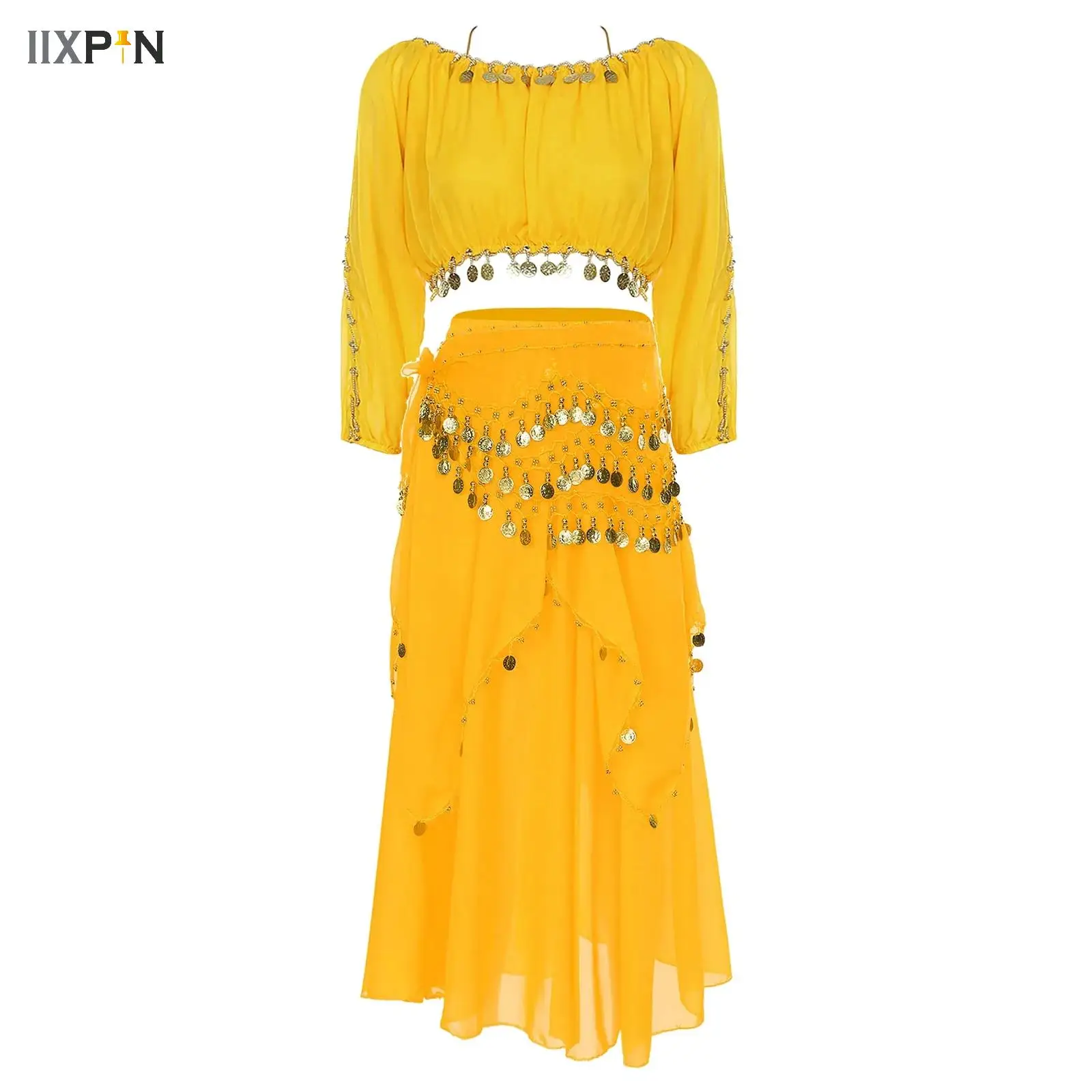 

Womens Belly Dance Costume Set Crop Tops with Chiffon Skirt and Tassel Waist Chain 3-piece Arabic Halloween Dance Stage Outfit