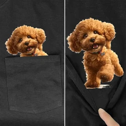 CLOOCL Funny Poodle Cotton T-Shirts Brown Teddy Stickers Printed Pocket T-shirt Summer Women Clothing Short Sleeve Shirts
