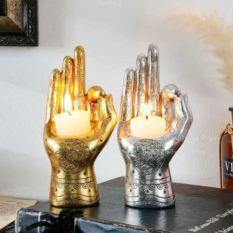 Buddha Candle Holder for Meditation and Relaxing, Hand Decor Home Statues, and Hotel Figurines, Retro Small Tealight Lights
