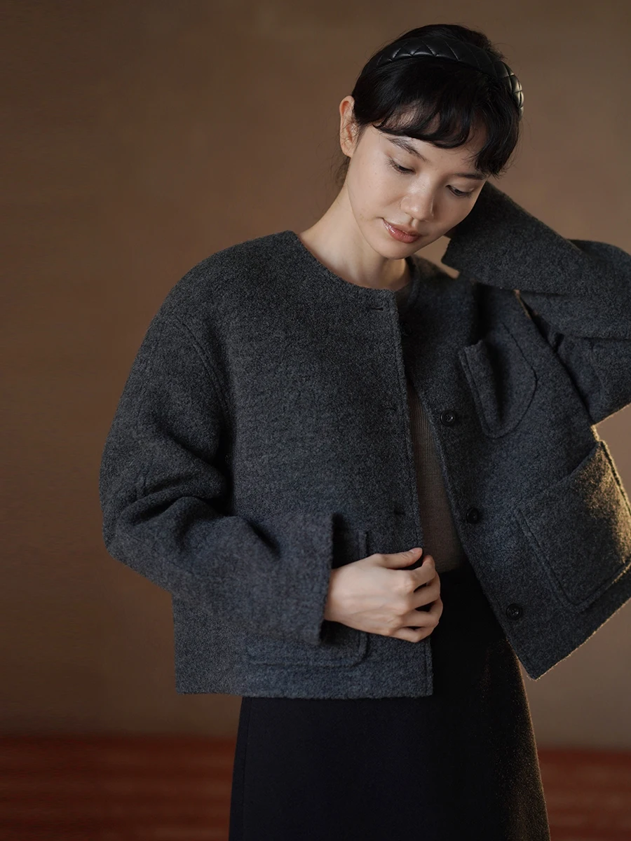 

Хакикики Мисс Высокое шерстяное пальто с воротником-стойкой, утягивающее женское шерстяное пальто для похудения, круглое пальто Ne Coat