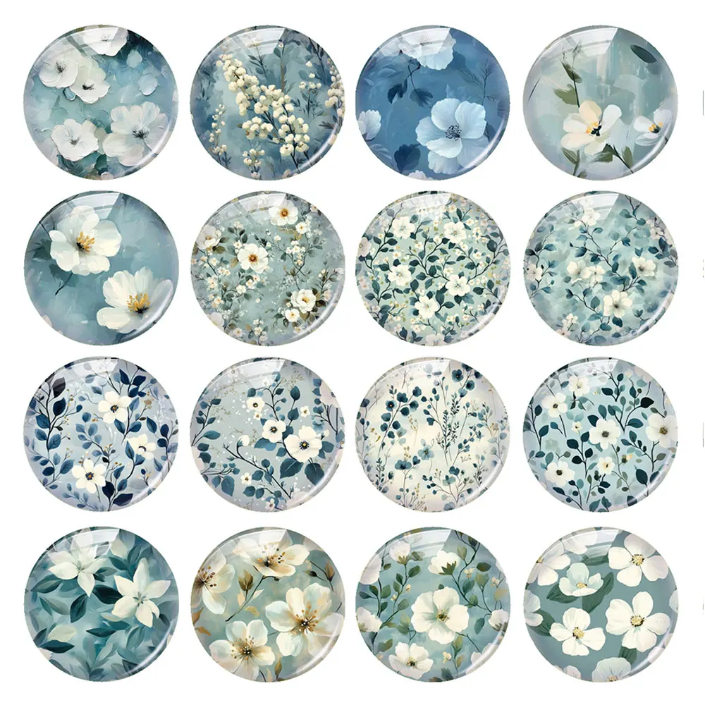Random Mixed Round/Oval/Square Misty Blue White Floral Flower Photo Glass Cabochon Flatback Demo Cameo For Diy Jewelry Making