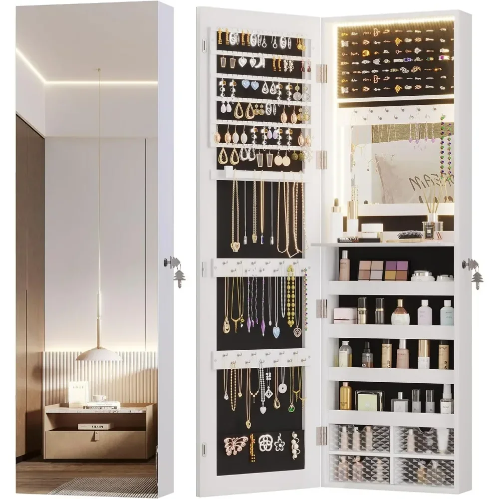 47.2LED Jewelry Mirror Cabinet,Wall/Door Mounted Jewelry Armoire Organizer with Full Length Mirror,Large Storage Hanging Cabinet