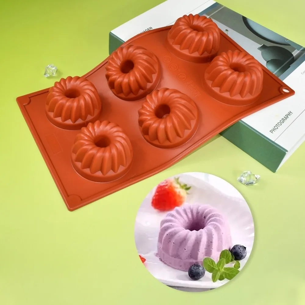 6 Cavity Fluted Tube Cake Pan Heat-Resistant Silicone Baking Mold Non-Stick Reusable Chocolate Dessert Mold
