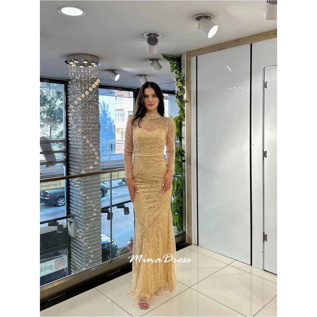 

Mina Beading Luxurious Women's Evening Dresses for Special Occasions High Collar Customized Crystal Sequins Long Sleeves Party