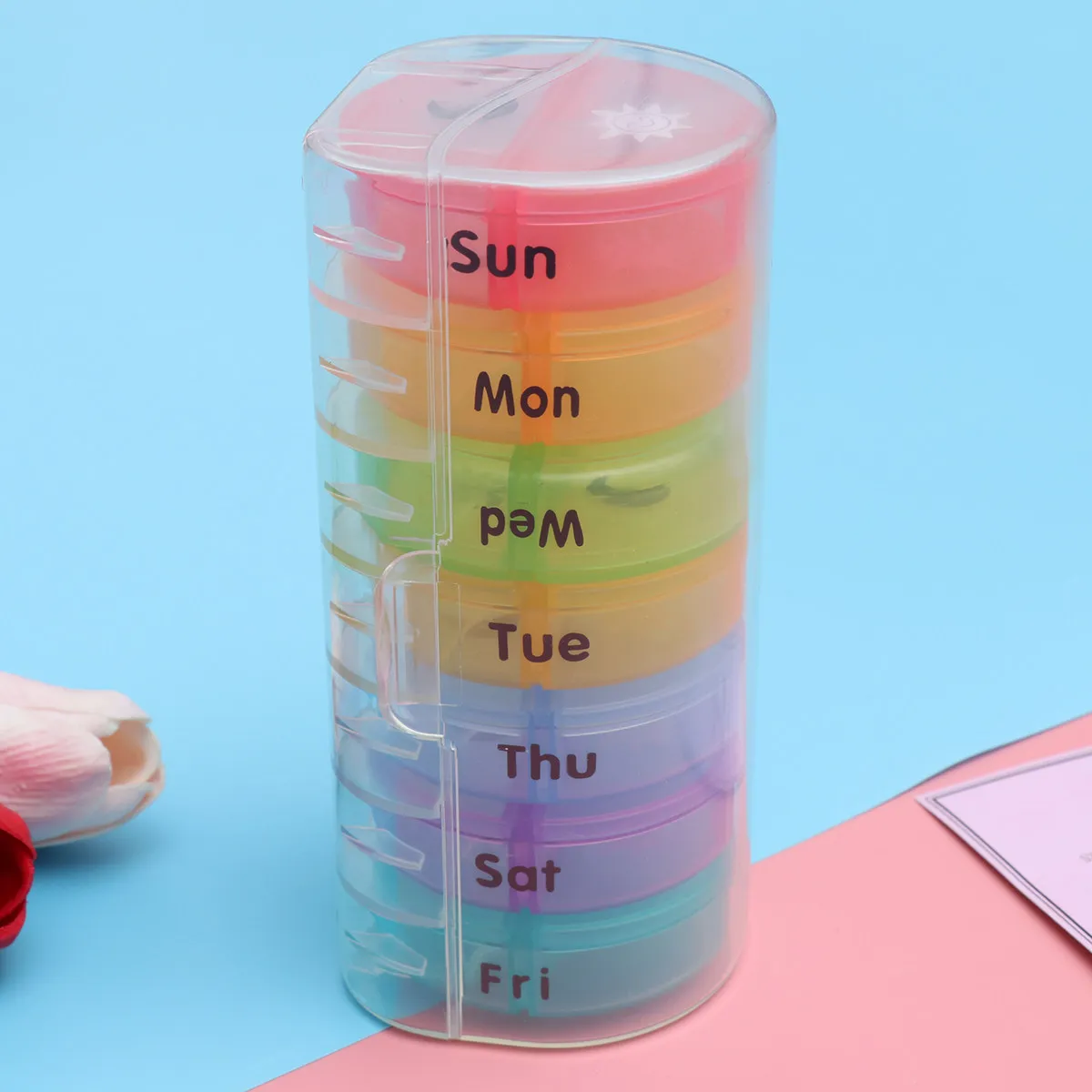 Weekly 14 Slot Pillbox Organizer 7 Day Am Medicine Storage Case Transparent Colorful Lids Easy Remove Compartments Travel