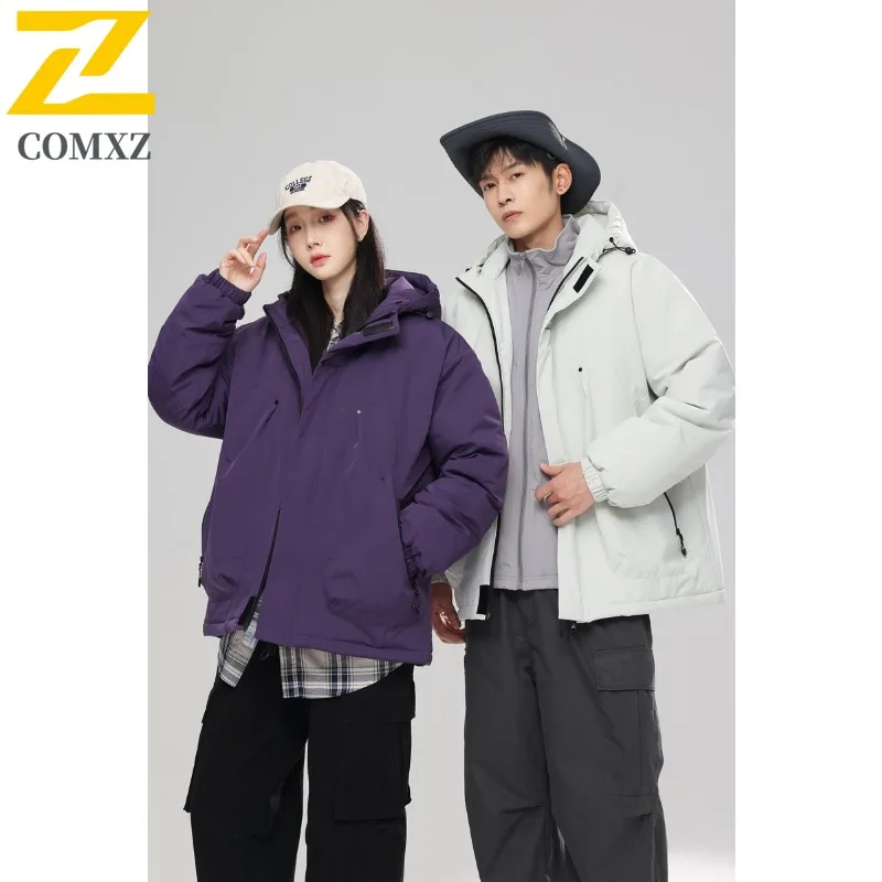 COMXZ 2025 Mens Womens Winter Mountain Waterproof Hooded Puffer Jacket Korean-Style Outdoor Sports Workwear Warm Tactics Coat