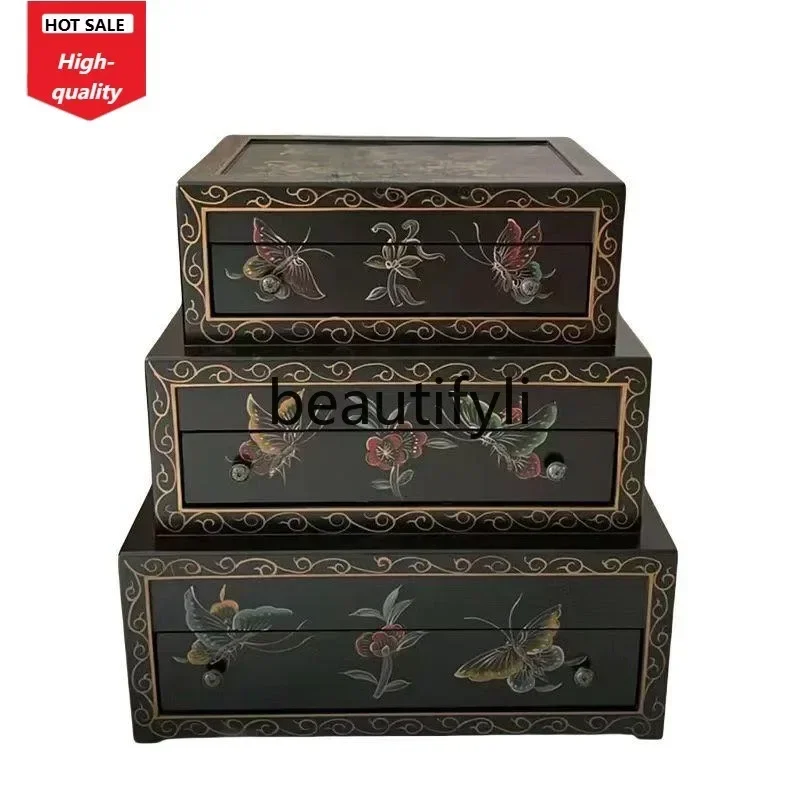 A32 Painted Bedside Table French Retro Sofa Side Table Three-Drawer Cabinet Bedside Decorative Storage Rack