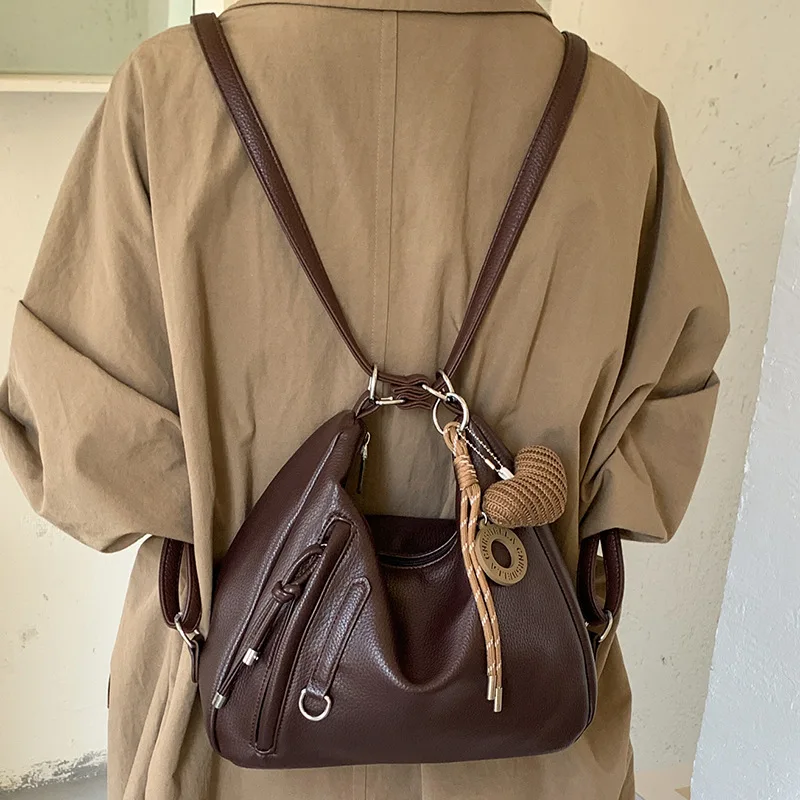 Women PU Leather Hobo Bag Convertible Crossbody Shoulder Handbag Backpack with Zipper Pocket and Heart Pendant Ladies Daily